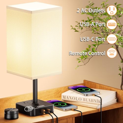 Bedroom Nightstand Lamp with Charger, Touch Table Lamps with Remote Control - color: Milky White