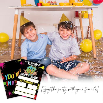 Gamer 7th Birthday Invitation Cards with Envelopes, 20 Pack 4x6 Fill-In Party Invites for Boys Girls, Neon Kids Birthday Party Supplies - B06 - color: 6 7 Gamer