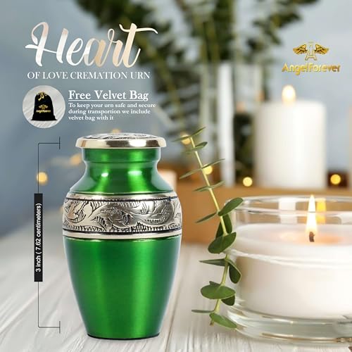 Mini Brass Keepsake Urn for Human Ashes – Handcrafted Green Metal Memorial Urn with Silver Engraved Band – 3 Cubic Inch Small Funeral Cremation Urn for Adult or Pet Ashes with Velvet Bag & Gift Box - size: Green