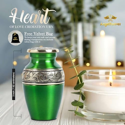 Mini Brass Keepsake Urn for Human Ashes – Handcrafted Green Metal Memorial Urn with Silver Engraved Band – 3 Cubic Inch Small Funeral Cremation Urn for Adult or Pet Ashes with Velvet Bag & Gift Box - size: Green