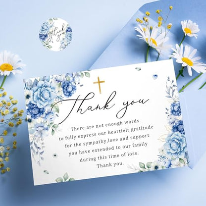 FYSUIMU Floral Funeral Thank You Cards Blue Rose Flower Sympathy Thank You Cards with Sticker Envelope Bereavement Card for Memorial Service Loved Ones Celebration of Life, 24 Pcs