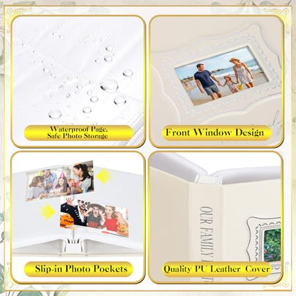 Dunzoom Our Family Photo Album 200 Pcs 4x6 Inch Leather Wedding Anniversary Album with Front Window Double Heart Design Couple Gifts - style: Our Family Photos