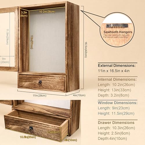 Deep Shadow Box Frame 11x16, 4" Depth Display Case with Drawer, Rustic Solid Wood Memory Box with Acrylic Door for Wedding Bouquet, Medals, Memorial Photos, Keepsakes, Wall or Tabletop