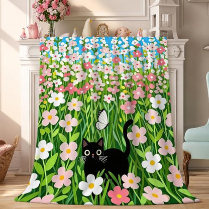 Cute Cat Fleece Throw Blanket, Flowers Flannel Blankets for Couch 50"×60" - color: Cute Black Cat