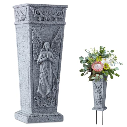 Cemetery Flowers Vase with Spike, Memorial Grave Vase Resin Flowers Holder for Headstone, Grave, Cemetery, Garden, Lawn, Yard Decorations (1pc, Grey)