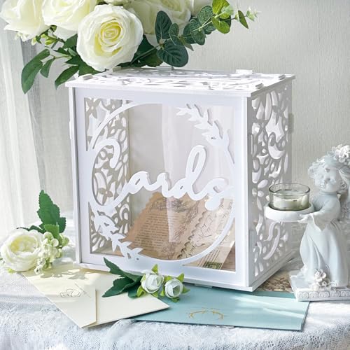 OurWarm White Wedding Card Box for Receptions, PVC Gift Card Box for Wedding with Acrylic Windows, Rustic Envelope Money Gift Box for Anniversary Bridal Baby Showers Graduation Birthday Party - size: S