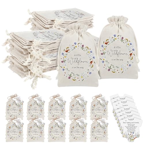 Fumete 25 Sets Wildflower Baby Shower Seed Packets Party Favors for Guests Baby in Bloom Favors Decorations Burlap Bags with Drawstring Thank You Cards and Twine, No Seeds (Wildflower) - style: Wildflower