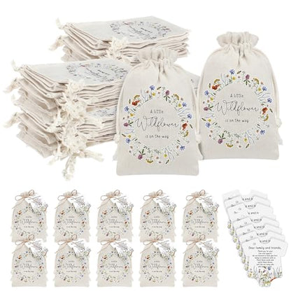 Fumete 25 Sets Wildflower Baby Shower Seed Packets Party Favors for Guests Baby in Bloom Favors Decorations Burlap Bags with Drawstring Thank You Cards and Twine, No Seeds (Wildflower) - style: Wildflower
