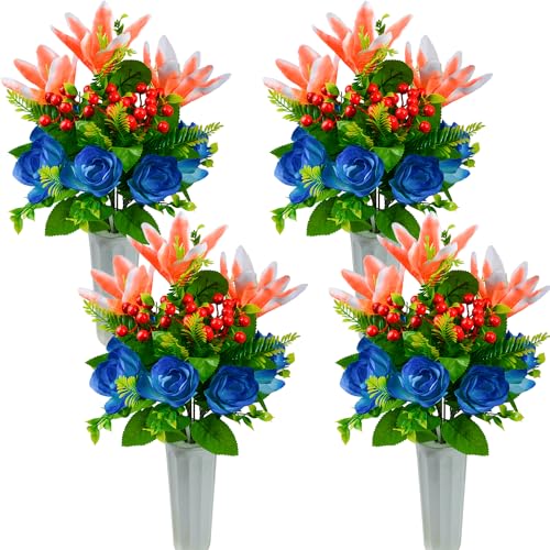 XONOR Artificial Cemetery Flowers for Grave, Set of 4 Artificial Memorial Flowers with Vase for Outdoor Cemetery Headstones Graveyard Gravestone Decoration (Blue&Orange-4Pcs) - color: Blue&orange-4pcs