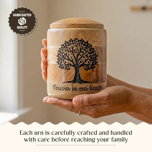Medium Wooden Cremation Urn for Human Ashes – 80 Cubic Inch Tree of Life Engraved Memorial Urn, Natural Wood, Partial Ashes or Shared Remains - size: Medium 80 Cu In