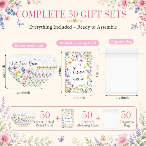 Crtiin 50 Sets Wedding Favors for Guests, Heart Shaped Wildflower Seed Paper with Let Love Grow Cards and Organza Bags for Bridal Shower, Engagement, Anniversary Party Guests - style: Heart Shaped Wedding Theme