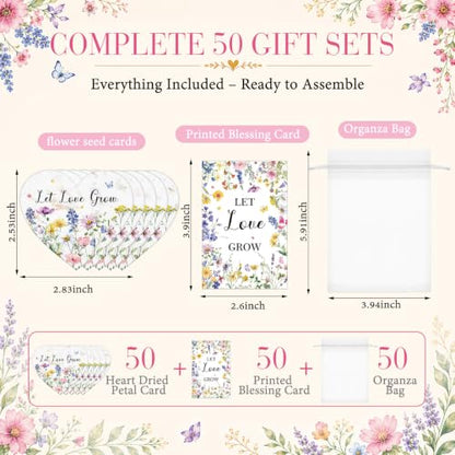 Crtiin 50 Sets Wedding Favors for Guests, Heart Shaped Wildflower Seed Paper with Let Love Grow Cards and Organza Bags for Bridal Shower, Engagement, Anniversary Party Guests - style: Heart Shaped Wedding Theme