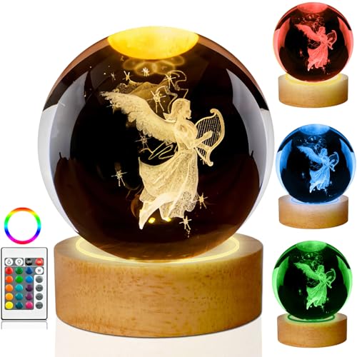 Guardian Angel Crystal Ball Lamp, Glass Angels Figurine Ball Night Light | 16 Colors Table Lamp with Wooden Base and Remote Control, Angels Gifts and Birthday Gift for Women Men Kids (angel) - color: Angel