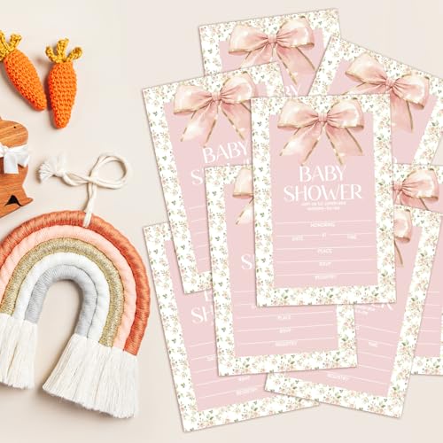 Floral Bow Baby Shower Invitations for Girls, Baby Announcement Invite Cards, 25 Set of Fill-in Baby Shower Invites with Envelopes, Gender Reveal Party Supplies -B01 - color: Floral Bow