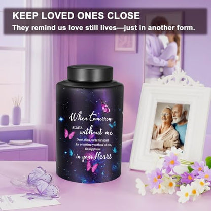 Abooxiu 10 Inches Cremation Urns for Human Ashes Keepsakes Urns Purple Butterfly Urn for Human Ashes Decorative Urns for Adult Male Memorial Stainless Steel Funeral Burial Um - Up to 200 lbs