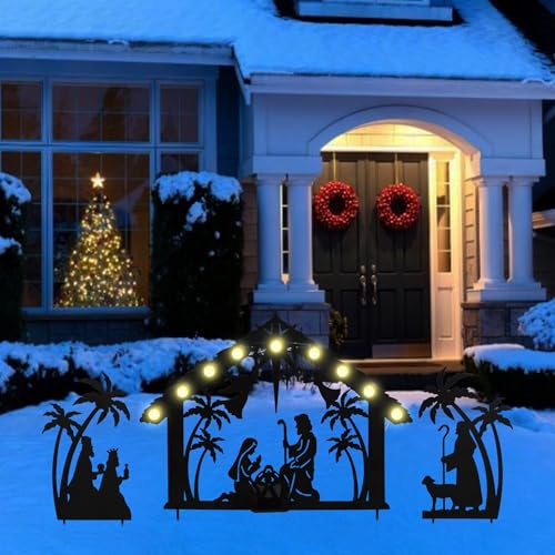 3 Pack Solar Nativity Scene Garden Stake 16.7in Metal Christmas Light - color: Black Jesus