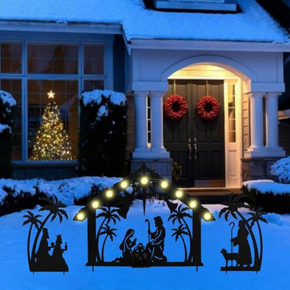 3 Pack Solar Nativity Scene Garden Stake 16.7in Metal Christmas Light - color: Black Jesus