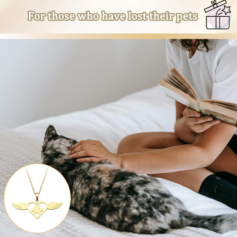 YangQian Sympathy Gift for Pet Owner Pet Memory Gifts for Dogs Cats Bereavement Gifts Paw Print Necklace Grieving Cat Dog Loss Gift - color: Angel Wing Pet Necklace