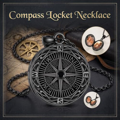 ONEFINITY Locket Necklace That Holds Picture Locket Memorial Pendant Jewelry Keepsake Gift for Men Women - color: black-Compass
