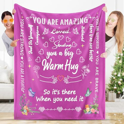 Warm Hug Get Well Birthday Gift for Women Throw Blanket 52'' x 60'' | You're Loved Mental Breakdown Recovery Gift with Inspirational sayings for Her,Grandma,Patients - color: Purple Pink Warm Hug