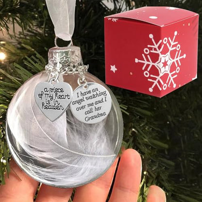 Clear Christmas Memorial Ornament Feather Ball, A Piece of My Heart is in Heaven Loss of Loved One Grandma Christmas Tree Hanging Sympathy Gift with Silk Ribbon & Red Gift Box - color: Grandma