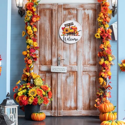 Interchangeable Welcome Sign for Front Door, Slot-in Design | 13Pcs Solid Wood Seasonal Decor, 12-inch Round Sign, for Porch, Entryway