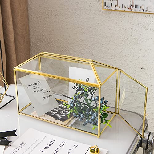 Glass Wedding Card Box with Slot, 12.6 inch Large Clear Card Box Gold Brass Gift Card Storage Box with Lock for Wedding Receptions, Baby Shower, Birthday Party, Bridal Shower - color: 12.5 inch