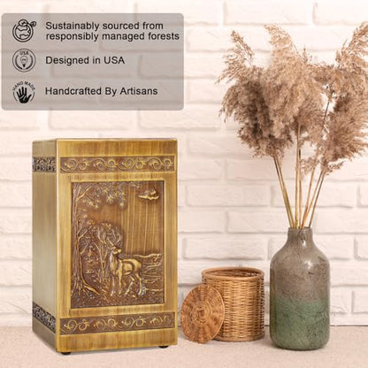 Wooden Cremation Urns for Human Ashes Adult Male Female Deer Carving Handmade Wood Funeral Decorative Memorial Urn Box, Holds 270 Cubic Inch