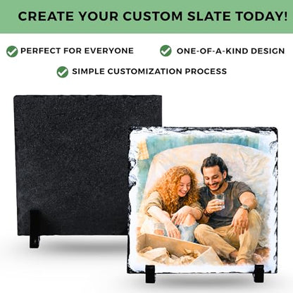 Personalized Photo Rock Slate Frame - First Home - Square Shape | Custom Stone Plaque Picture Frame, Our First Home Personalized Photo Frame, Customizable Picture Frame in Two Sizes - color: First-Home-Slate