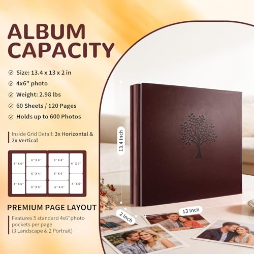 Leather Photo Album 4x6 Pockets, Picture Album for Family Christmas Gift | Large Capacity PU Leather Cover 600 Pockets Black Inner Page Slip In Holds Horizontal & Vertical Photos - color: Brown