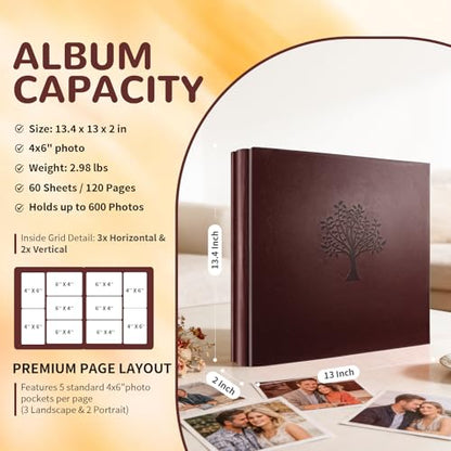 Leather Photo Album 4x6 Pockets, Picture Album for Family Christmas Gift | Large Capacity PU Leather Cover 600 Pockets Black Inner Page Slip In Holds Horizontal & Vertical Photos - color: Brown