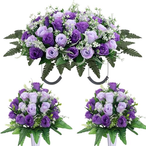 Lodou 3 Sets Cemetery Flowers for Grave,Headstone Flower Saddle,Grave Memorial Flowers with Vase for Cemetery Headstones Decoration(Purple) - color: Purple