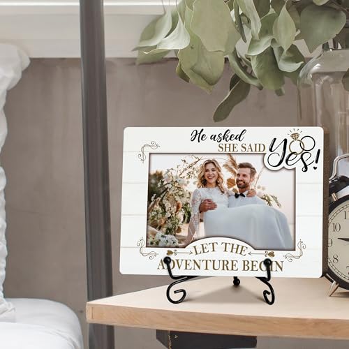 Engagement Picture Frame, He Asked She Said Yes Wedding Photo Frames, Newly wed Gifts for The Couple Newly Engaged, Engagement Party Favors, Let The Adventure Begin (4 x 6 Photo)-A03 - color: white wedding