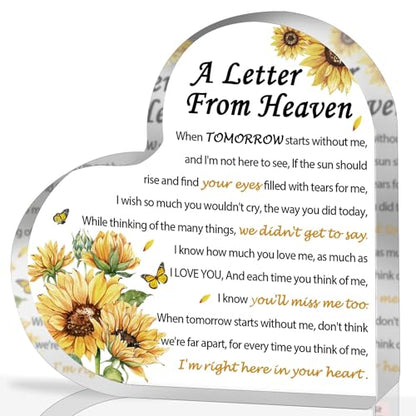 Sympathy Gifts - A Letter from Heaven- Memorial Gift for Loss of Mother Father Husband Son, Acrylic Heart Keepsake,Remembrance Sympathy Gifts （Sunflower） - style: Sunflower 5 X 5 IN