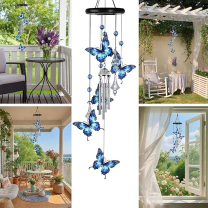 YU FENG Butterfly Memorial Wind Chime, Crystal Suncatcher Outdoor Decor | 27 Inch Metal Hanging Chime, Blue Butterfly Design, Sympathy Remembrance Gift, Garden Yard Patio Decoration - style: Blue Garden – Butterfly – 27 Inch