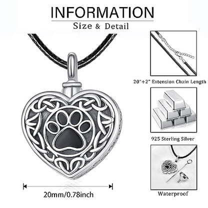 Dreamboat Pet Urn Necklace for Dog Cat Ashes 925 Sterling Silver Paw Print Cremation Keepsake Pendant Celtic Knot Memorial Jewelry Gifts for Women Men - style: 03A-Heart (Silver)