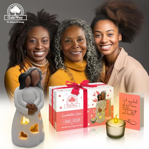 Grandma-Granddaughter Hand-Painted Candle Holder Statue W/Flickering LED Candle | Unique Nana Present Ideas for Christmas, Gigi Grandmother Birthday Gift, Greeting Card Included (Dark) - color: Grandma & Granddaughter (Dark)