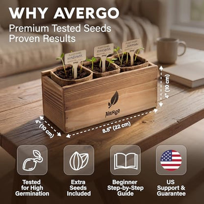 AVERGO Flower Seeds Growing Kit - Complete Indoor Plant Set | Complete Indoor & Outdoor Kit with Seeds for Planting, Planters, Soil, Tools, Instructions