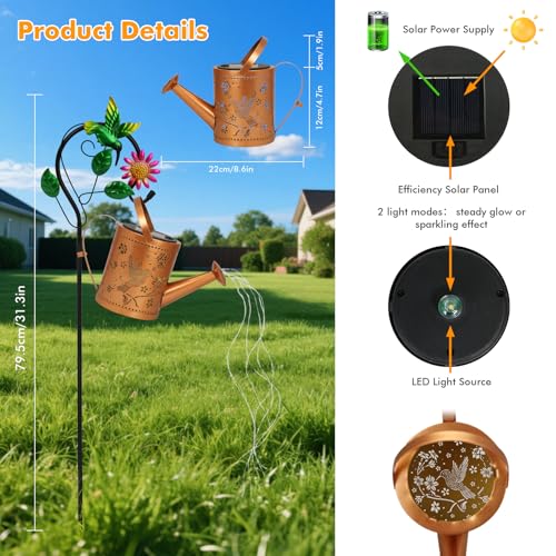 Hummingbird Outdoor Hanging Solar Lantern Waterproof Metal Openwork Hummingbird Watering Can Landscape Lights with Shepherd Hook for Porch Lawn Driveway Backyard Pathway Gifts for Women Mom Grandma - style: Hummingbird Watering Can