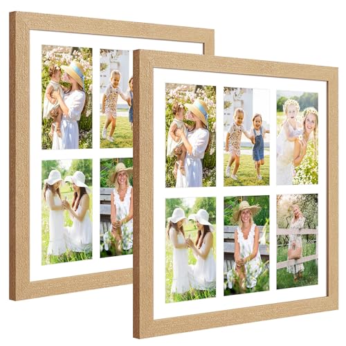 13x13 Collage Frame with 6 Openings 4X6 Pictures, Multiple Picture Frame with Mat, Wall or Tabletop Decor, Natural Wood Grain,2 Pack - color: Natural, size: 13x13-(6 open4x6)-2P