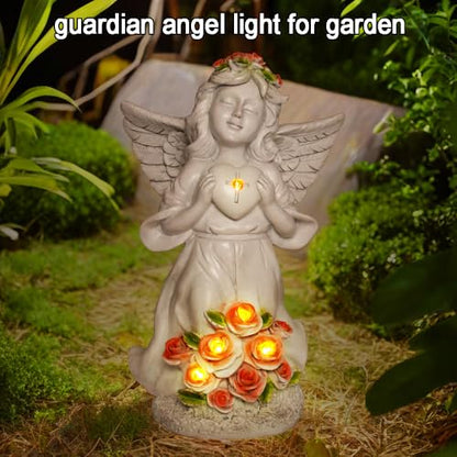 Solar Light Angel Garden Statues Sculptures for Grave Decoration | Weatherproof, Sympathy Cemetey Decoration, Outodor Angel Gifts for Mom Grandma, Handmade of Resin, 8.7" Tall