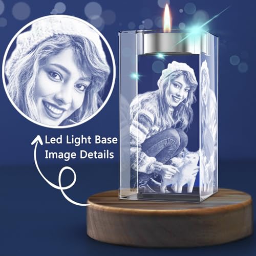 Personalized 3D Crystal Photo Candle Holder, Custom Memorial Sympathy Gift - color: Candleholder, size: Small