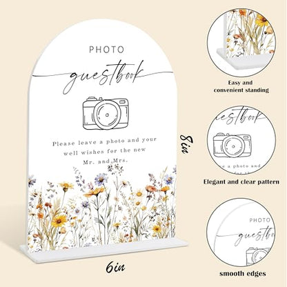 Wedding Signs for Ceremony and Reception, Boho Floral Acrylic Photo Guestbook Sign, Wedding Signage with Stand, Bridal Shower Table Centerpieces, Supplies for Engagement Reception Event Party, 27 - color: Photo Guestbook Sign, 27