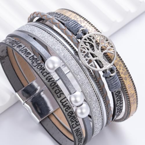 Tree of Life Inspirational Leather Wrap Bracelets Boho Western Cowgirl Cuff - color: Gray