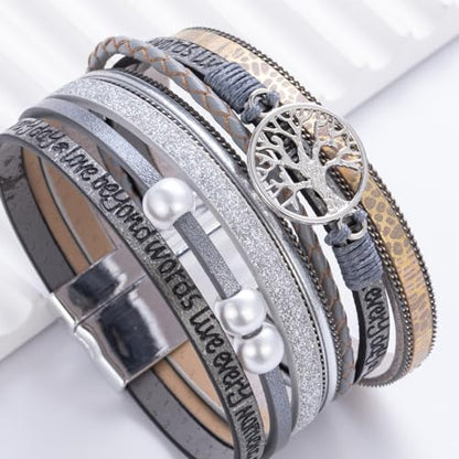 Tree of Life Inspirational Leather Wrap Bracelets Boho Western Cowgirl Cuff - color: Gray