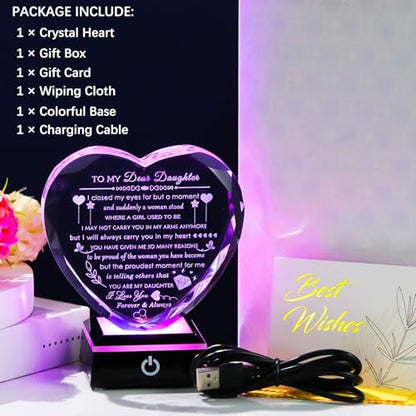 YWHL Gifts for Daughter with Colorful LED Base Best Daughter Birthday Gifts from Mom Dad Heart Crystal to My Daughter Gift on Christmas Valentines Mothers Day - color: Daughter Gifts 2+LED