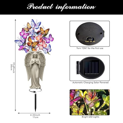 Solar Angel Grave Decorations - Metal Silhouette Memorial Stake with Butterfly Lights, Flat Garden Decor for Cemetery, Sympathy Gift(Angel with Flowers) - style: Angel with Flowers
