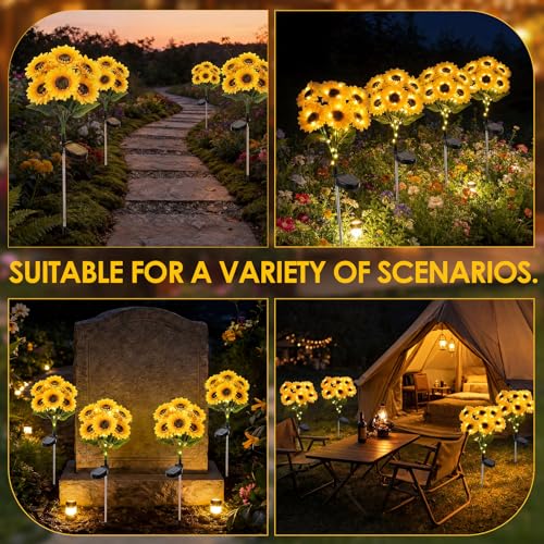 VIHOSE 4 Pack Sunflower Solar Lights with 24 Sunflowers 45 LED Ip65 Waterproof Outdoor Stake Lights with Upgraded Solar Panel for Yard Patio Landscape Lawn Garden Decor for Mom Grandma Birthday Gifts - style: Sunflower