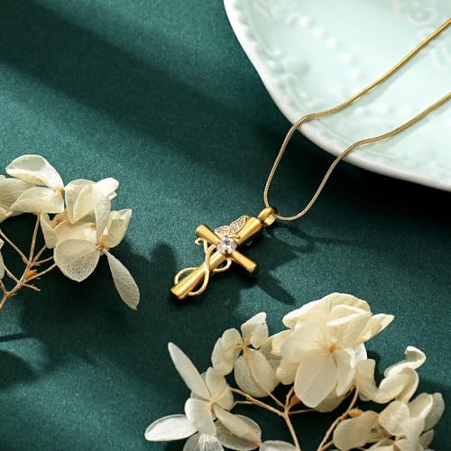Butterfly Cross Cremation Jewelry Urn Necklaces Cross Butterfly Urn Necklaces for Ashes Memorial Keepsake Pendant for Women Men Gifts With Funnel Kit & Bag - color: Gold+White