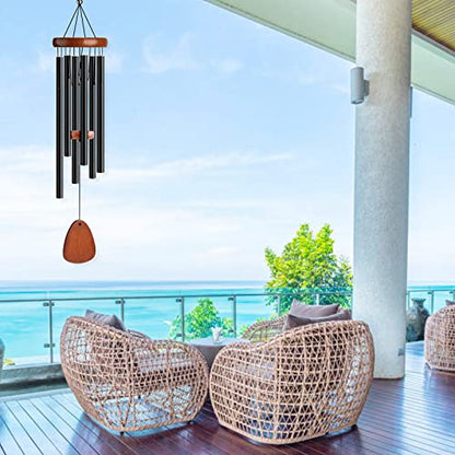 Wind Chimes for Outside Large Outdoor - Memorial Wind Chime Large Deep Tone, Wooden Black Aluminum Chime with 6 Tuned Tubes, Great as a Gift for Home Decor, Patio, Garden and Backyard